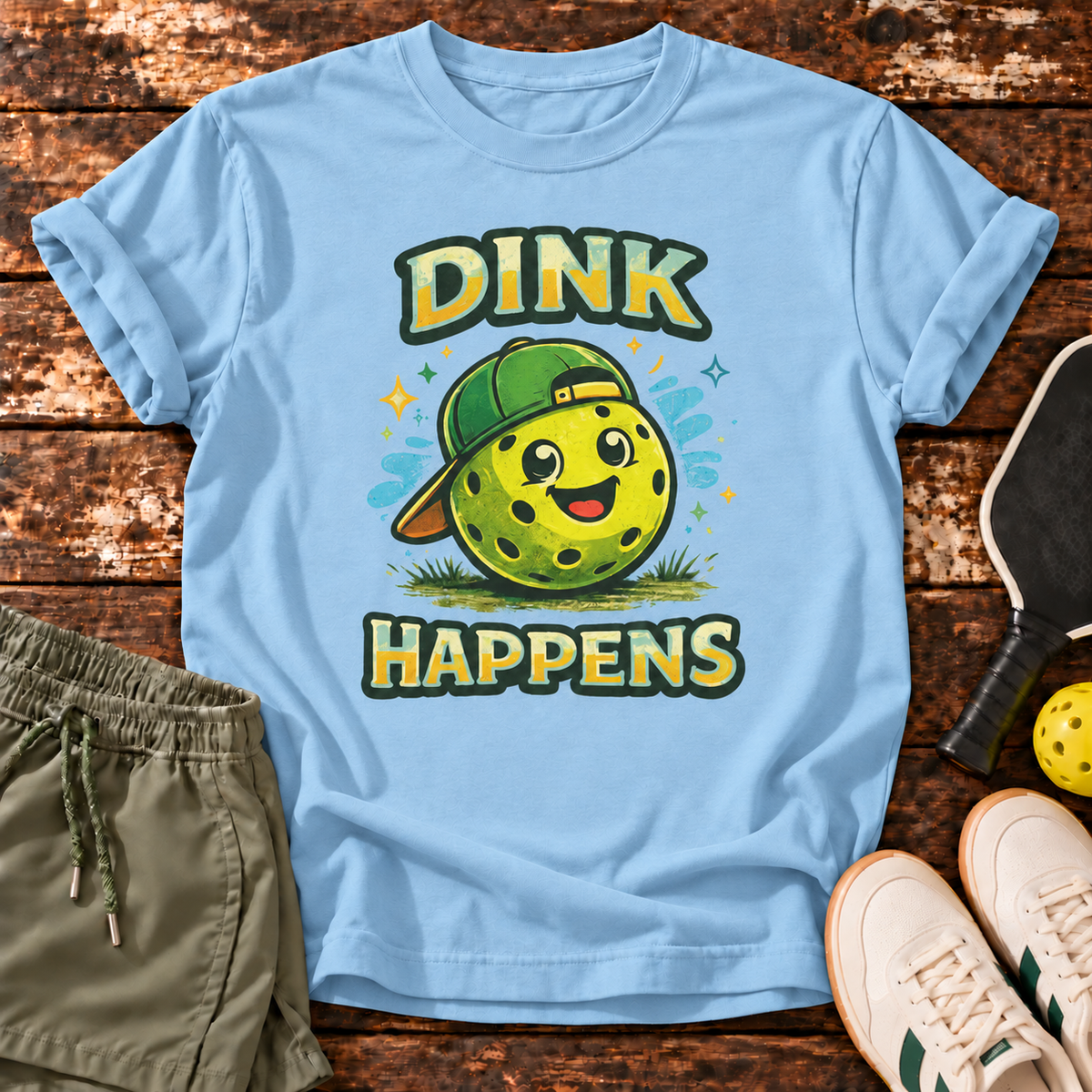 Dink Happens T-Shirt — Light Blue — wooden flatlay