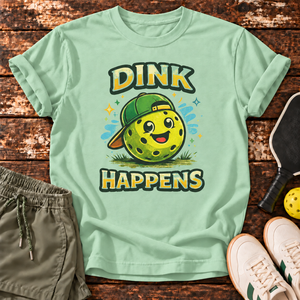 Dink Happens T-Shirt — Mint Green — wooden flatlay