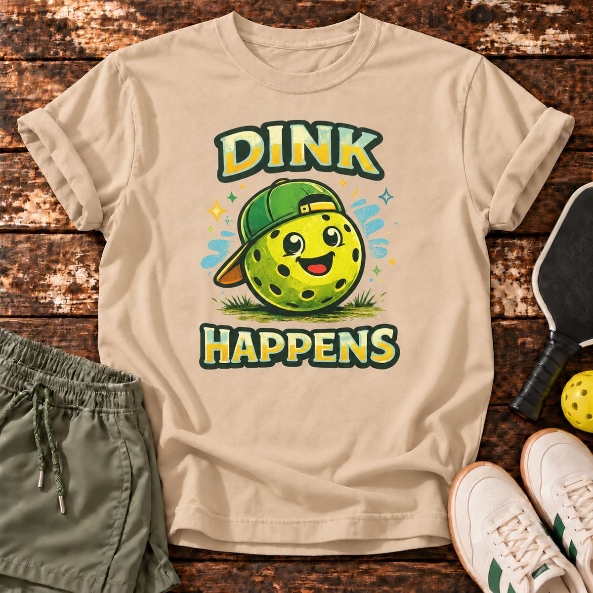 Dink Happens T-Shirt — Warm Sand — wooden flatlay