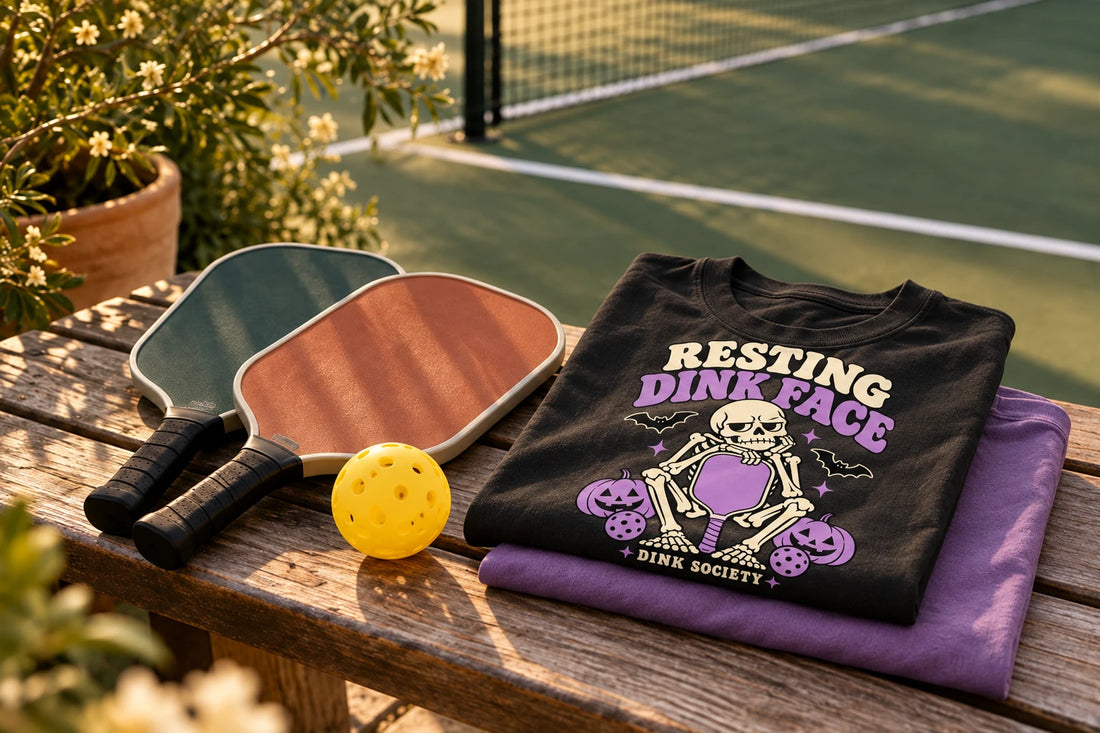 Folded black Resting Dink Face skeleton tee beside paddles