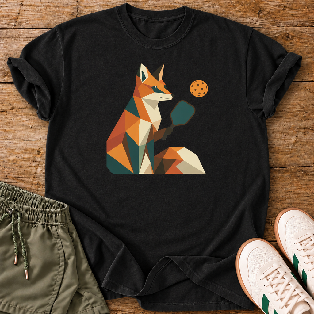 Geometric Fox T-Shirt — Black — wood flat lay