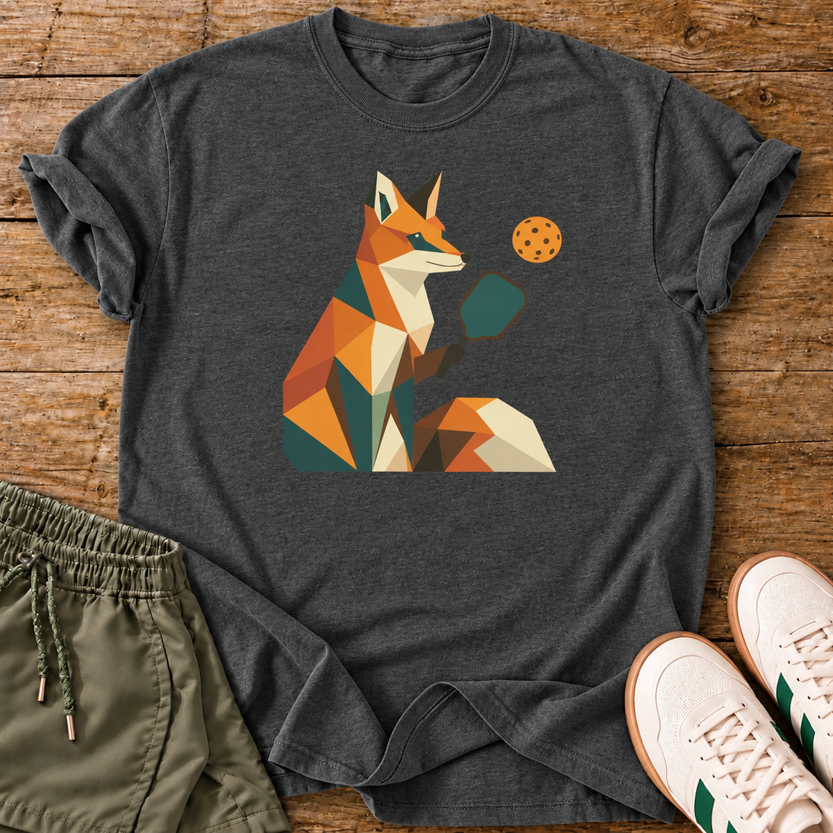 Geometric Fox T-Shirt — Dark Grey Heather — wood flat lay