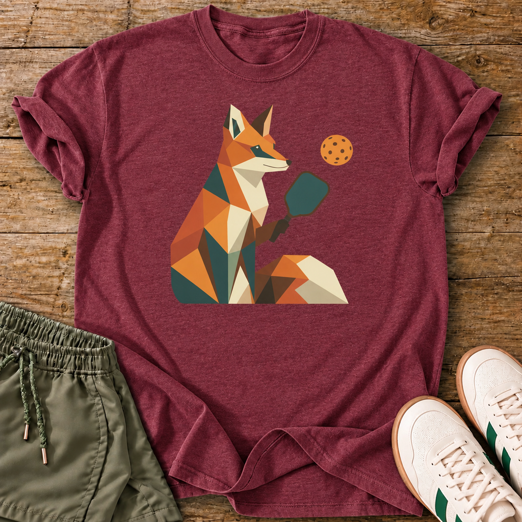 Geometric Fox T-Shirt — Heather Maroon — wood flat lay