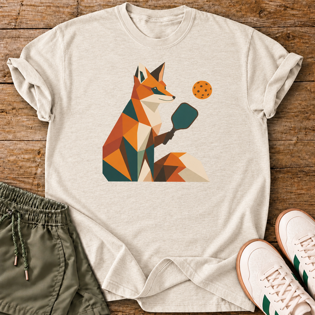 Geometric Fox T-Shirt — Heather Prism Natural — wood flat lay