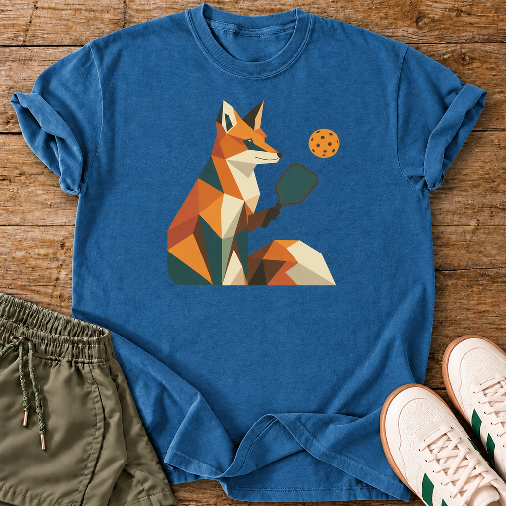 Geometric Fox T-Shirt — Ocean Blue — wood flat lay