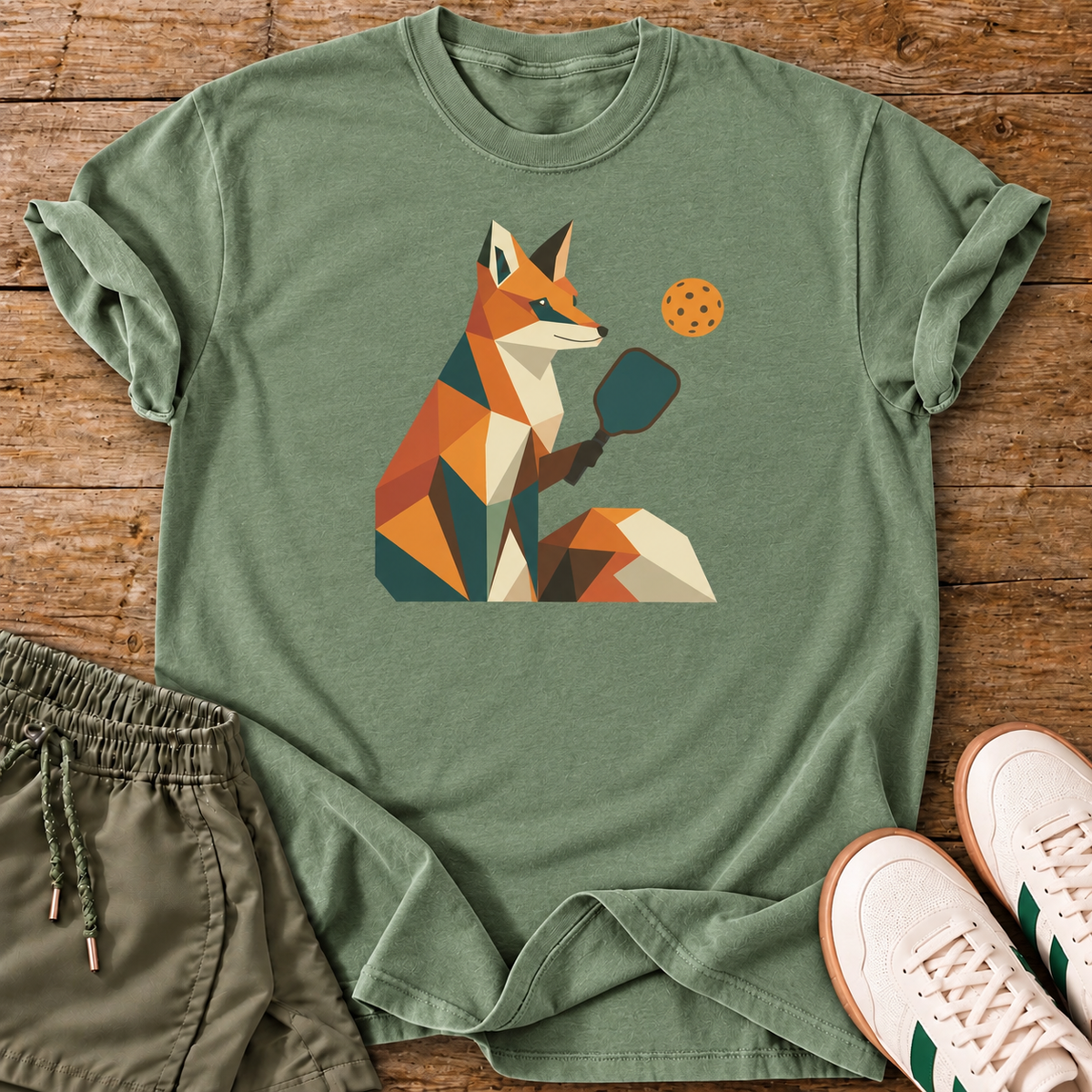 Geometric Fox T-Shirt — Sage — wood flat lay