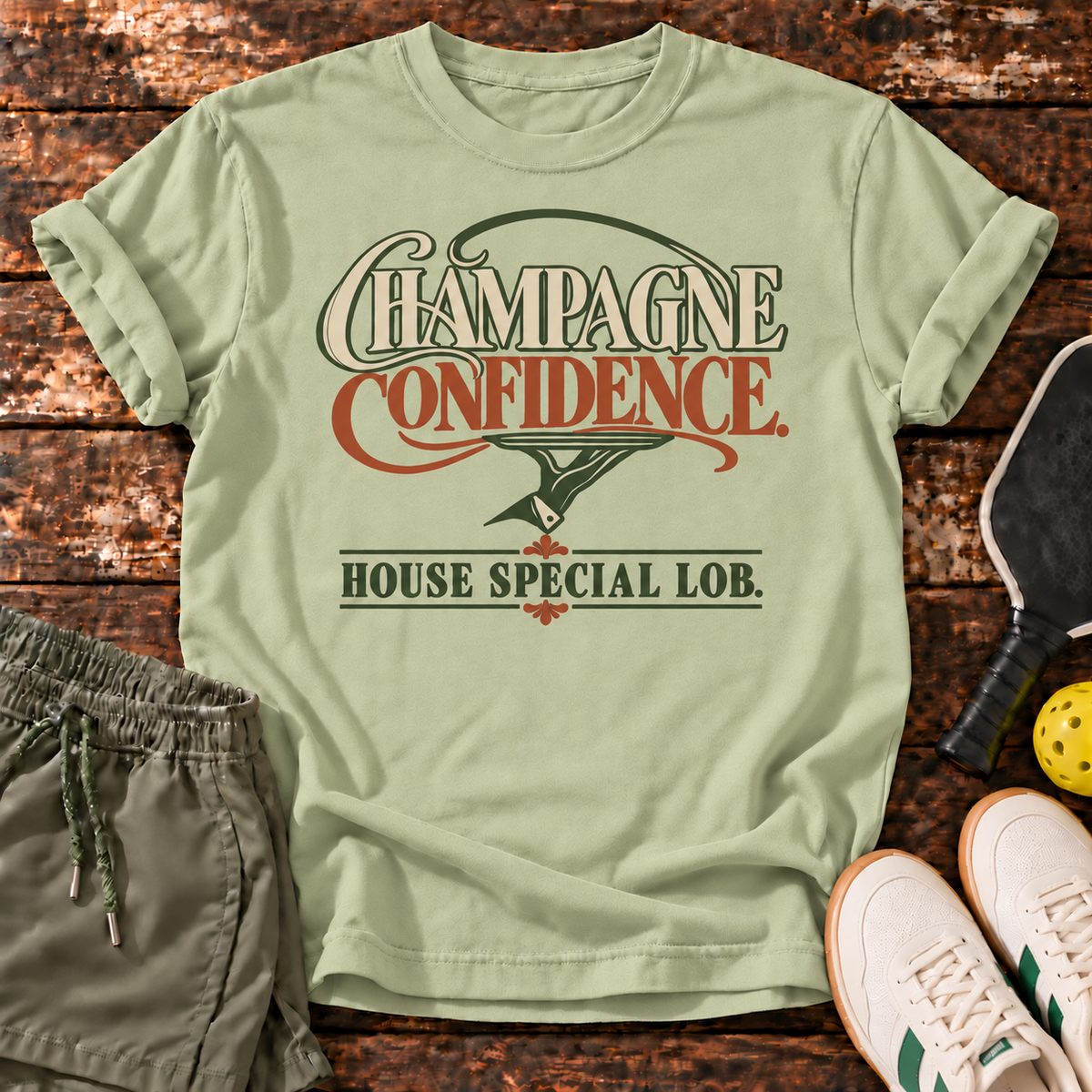 Lob Budget T-Shirt — Pistachio — wood mockup