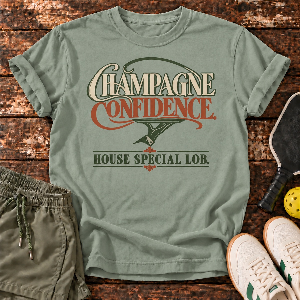 Lob Budget T-Shirt — Sage — wood mockup