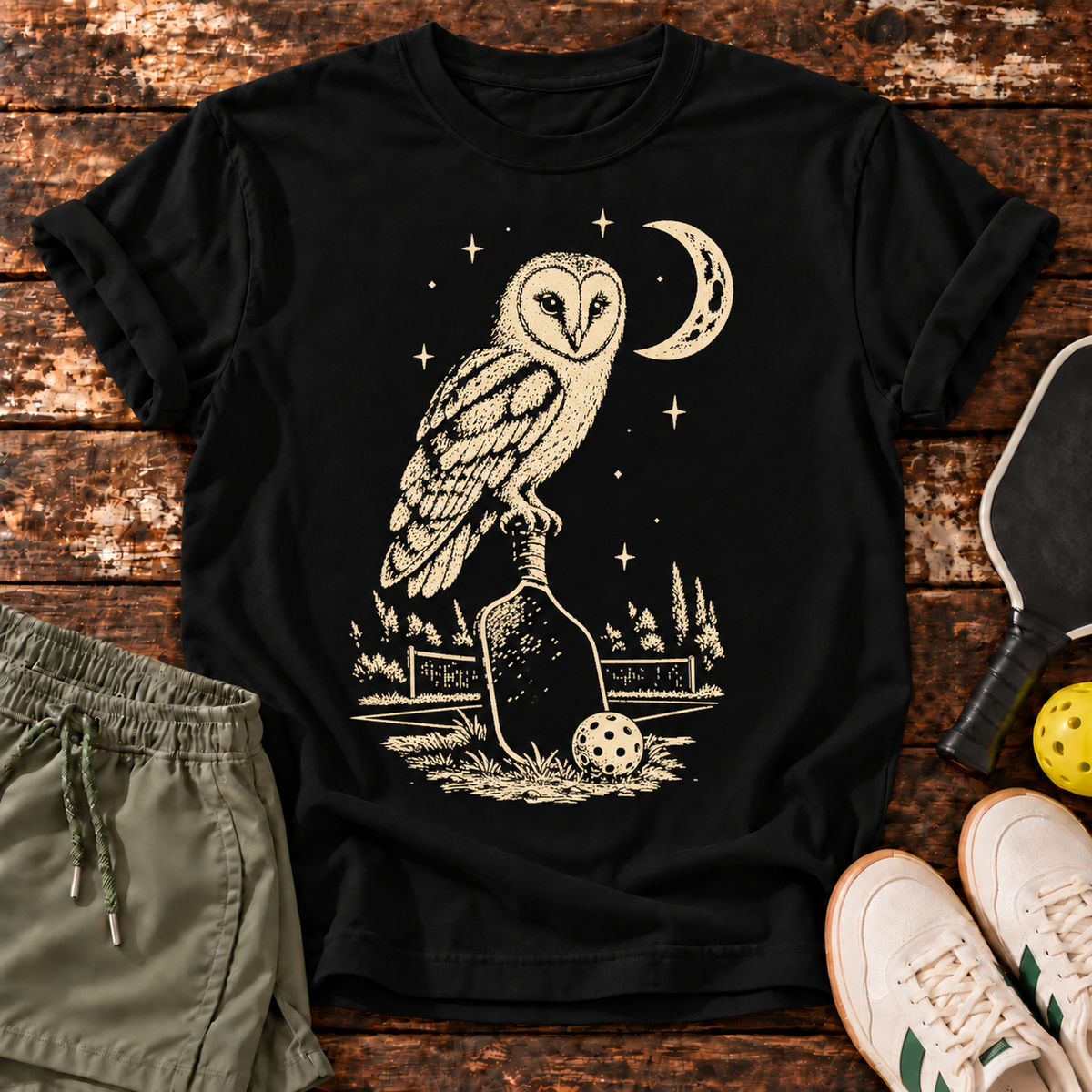 Night Shift T-Shirt — Black — owl design on wood mockup