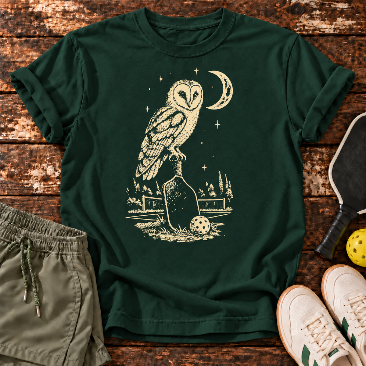 Night Shift T-Shirt — Forest Green — owl design on wood mockup