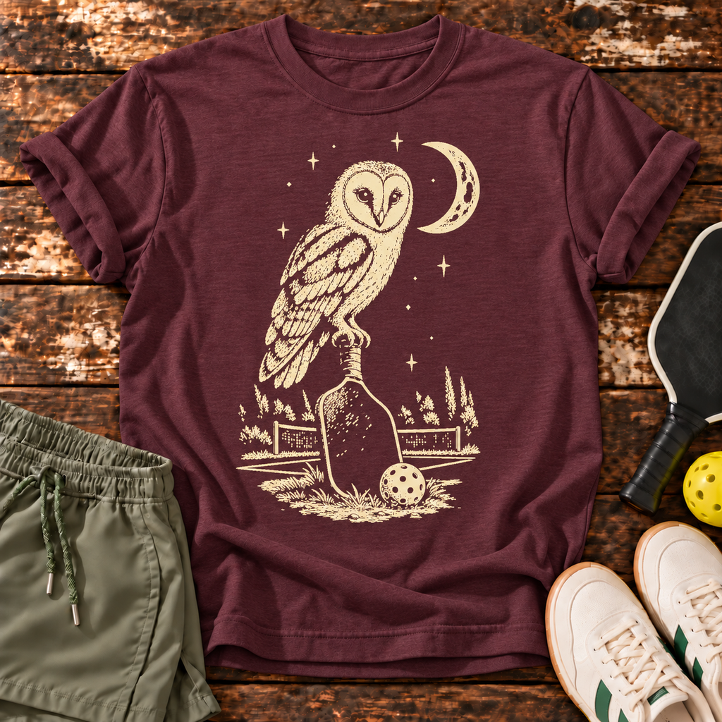 Night Shift T-Shirt — Heather Maroon — owl design on wood mockup