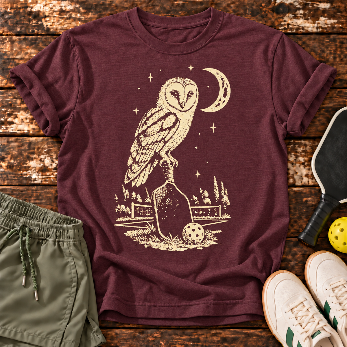 Night Shift T-Shirt — Heather Maroon — owl design on wood mockup