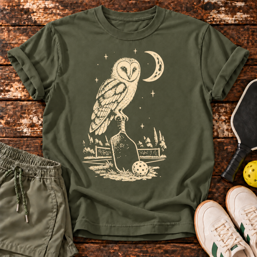 Night Shift T-Shirt — Military Green — owl design on wood mockup