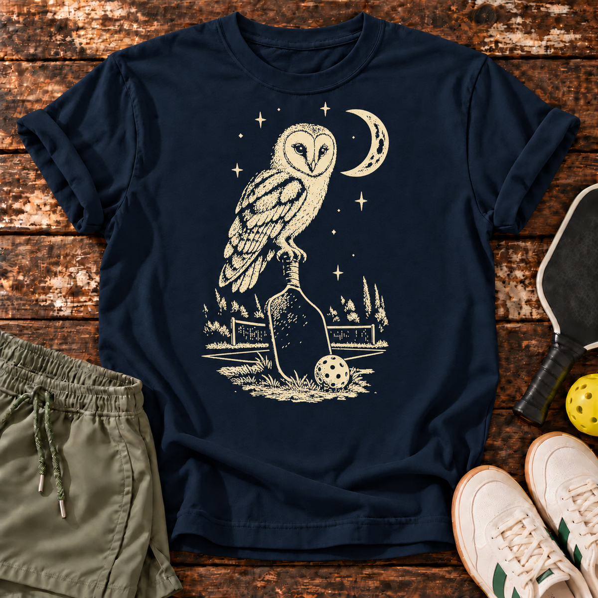 Night Shift T-Shirt — Navy — owl design on wood mockup