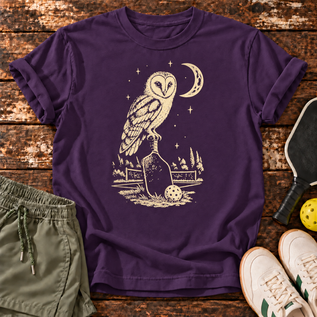 Night Shift T-Shirt — Purple — owl design on wood mockup