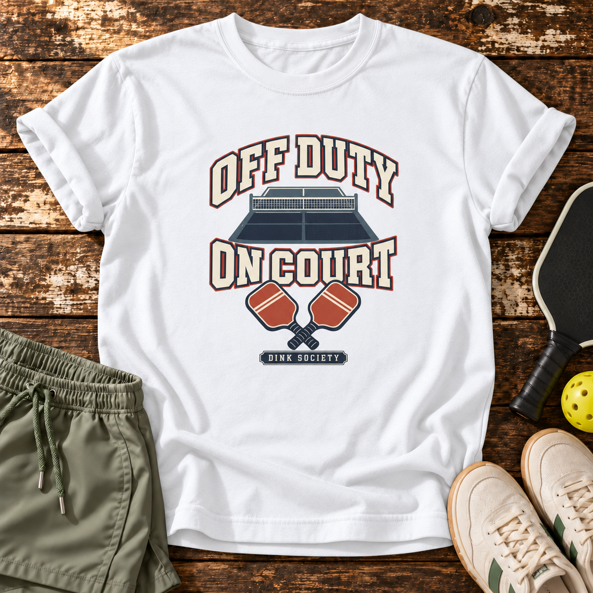 Off Duty On Court T-Shirt — White — wooden flatlay