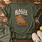 Rally Then Relax T-Shirt — Military Green — wooden flatlay
