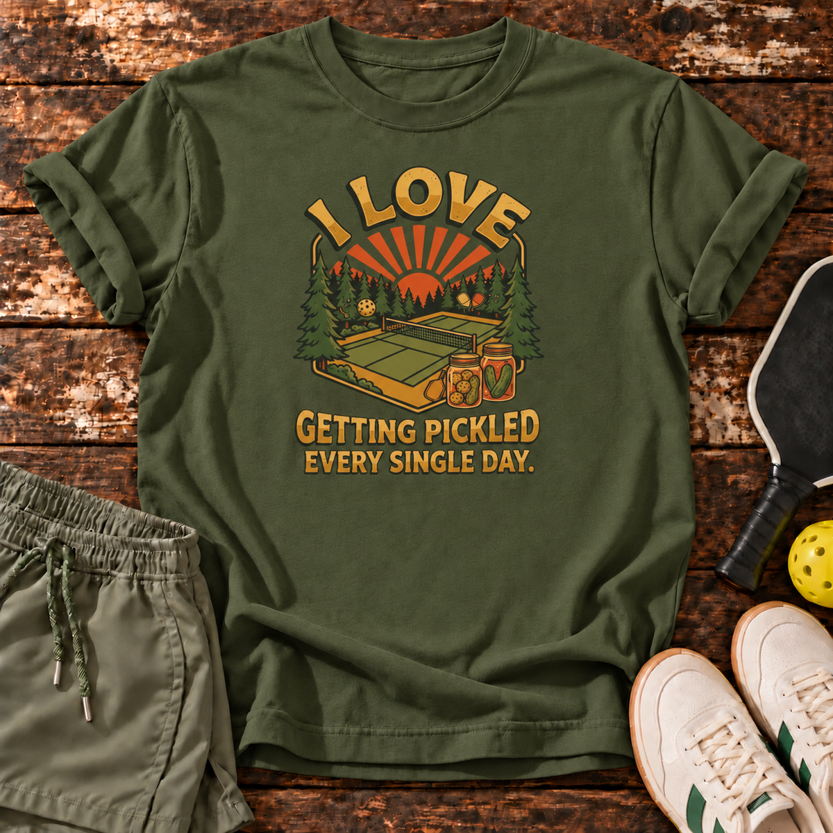 Getting Pickled T-Shirt — Military Green — Dink Society master mockup