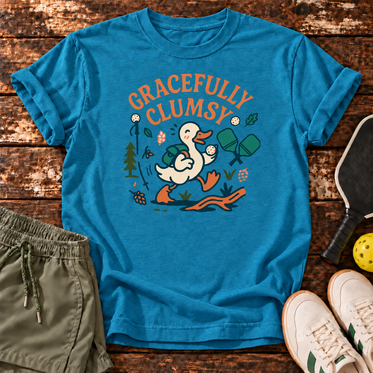 Gracefully Clumsy T-Shirt — Heather Sapphire — Dink Society master mockup