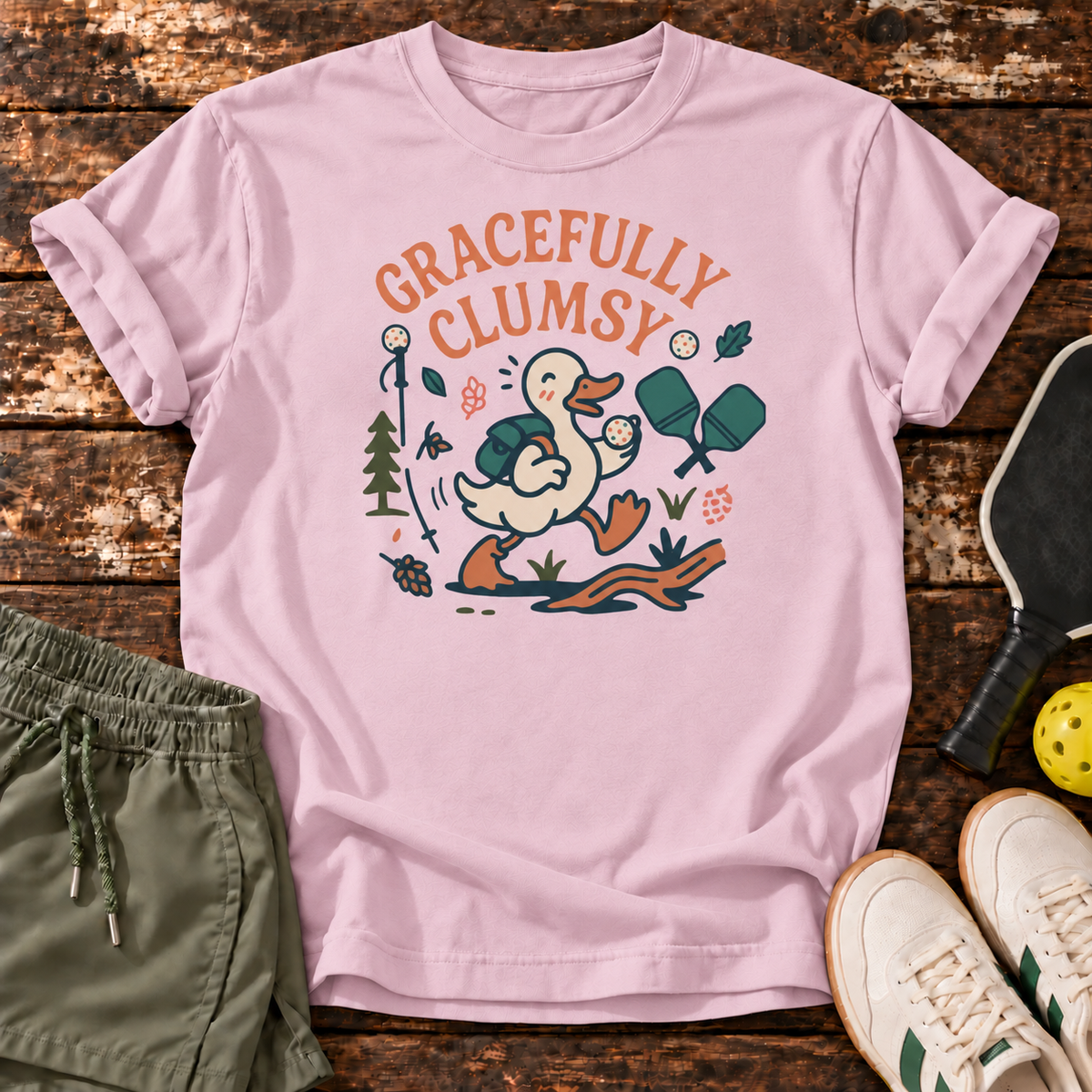 Gracefully Clumsy T-Shirt — Light Pink — Dink Society master mockup