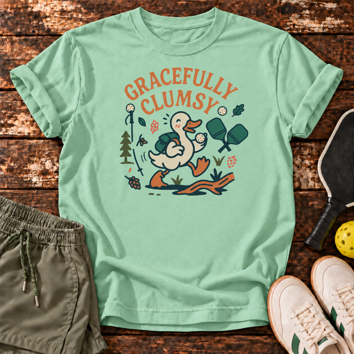 Gracefully Clumsy T-Shirt — Mint Green — Dink Society master mockup