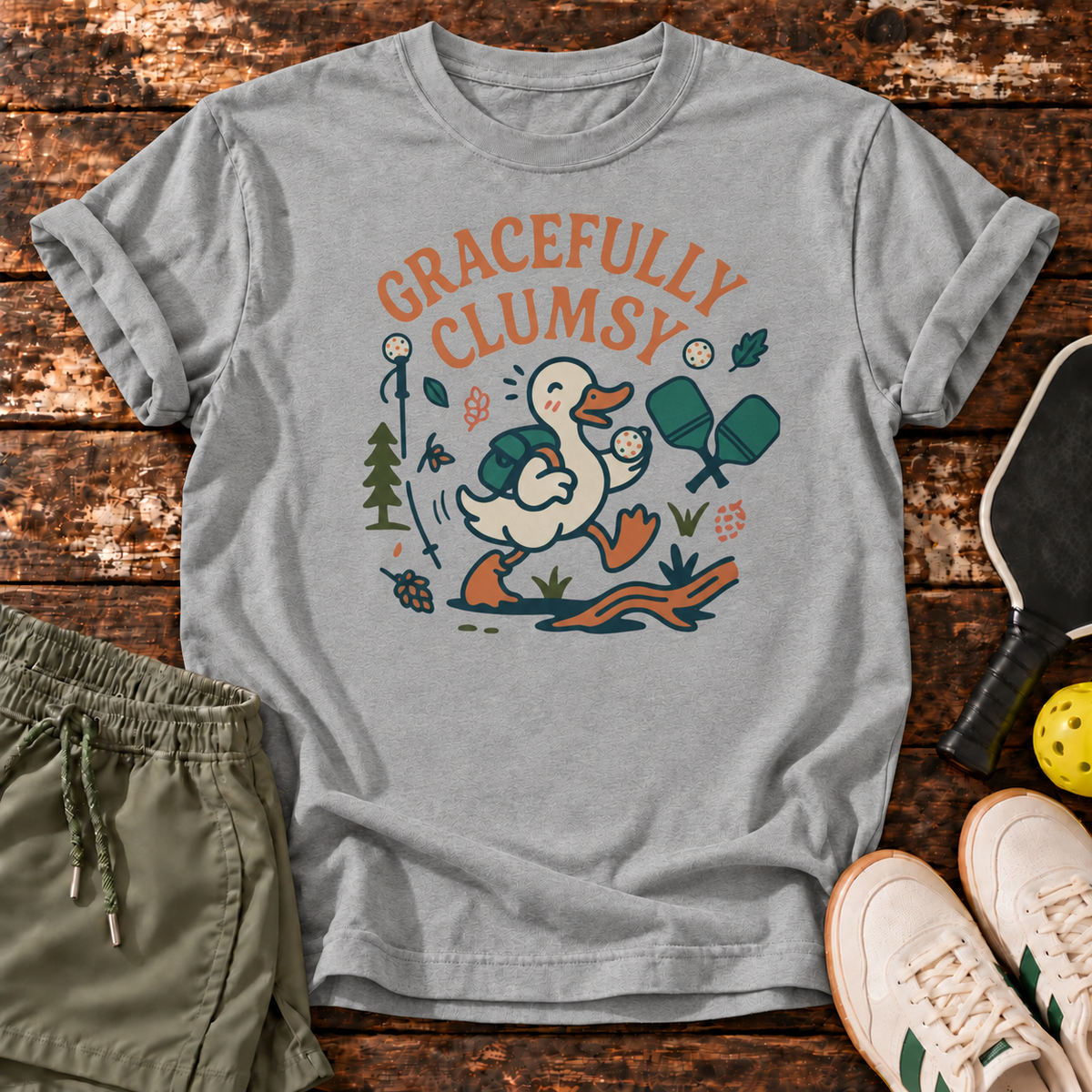 Gracefully Clumsy T-Shirt — Sport Grey — Dink Society master mockup
