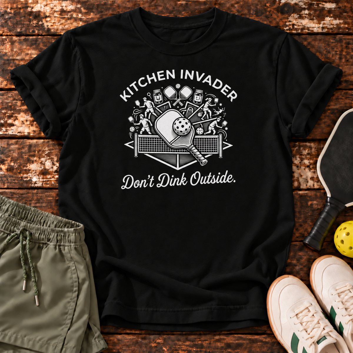 Kitchen Invader T-Shirt — Black — wooden flatlay