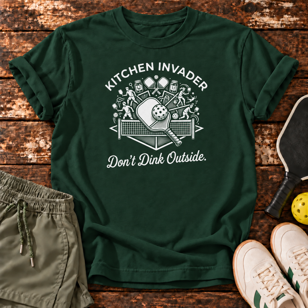 Kitchen Invader T-Shirt — Forest Green — wooden flatlay