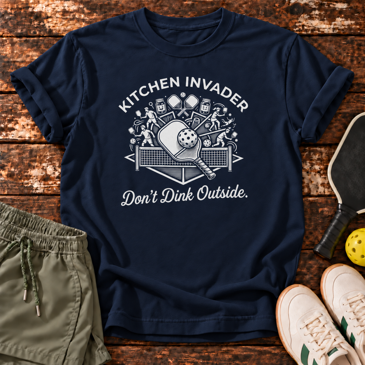Kitchen Invader T-Shirt — Navy — wooden flatlay