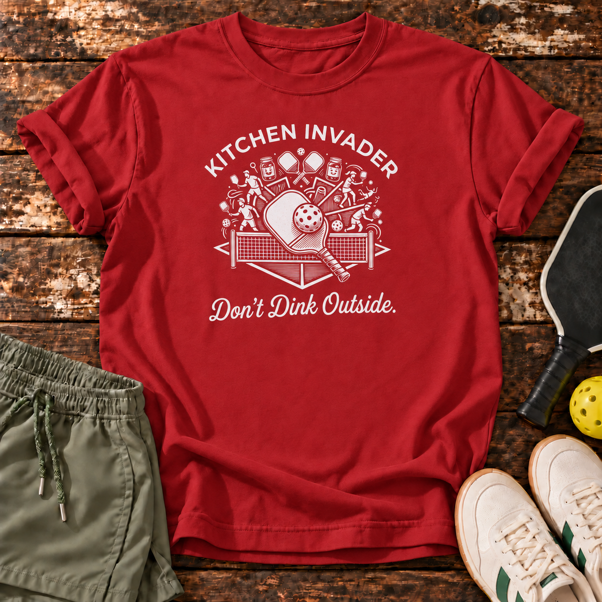Kitchen Invader T-Shirt — Red — wooden flatlay