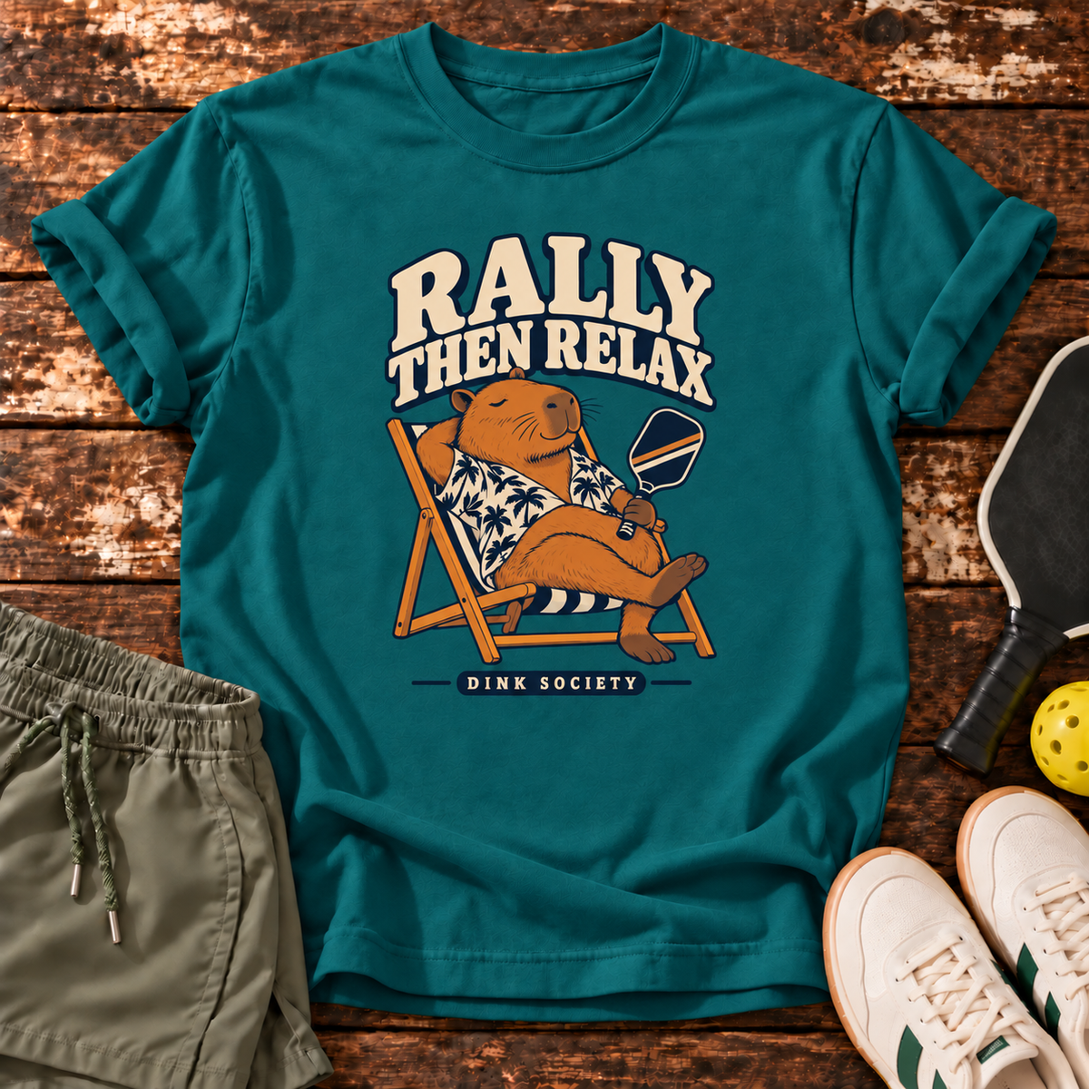 Rally Then Relax T-Shirt — Blue Spruce — wooden flatlay