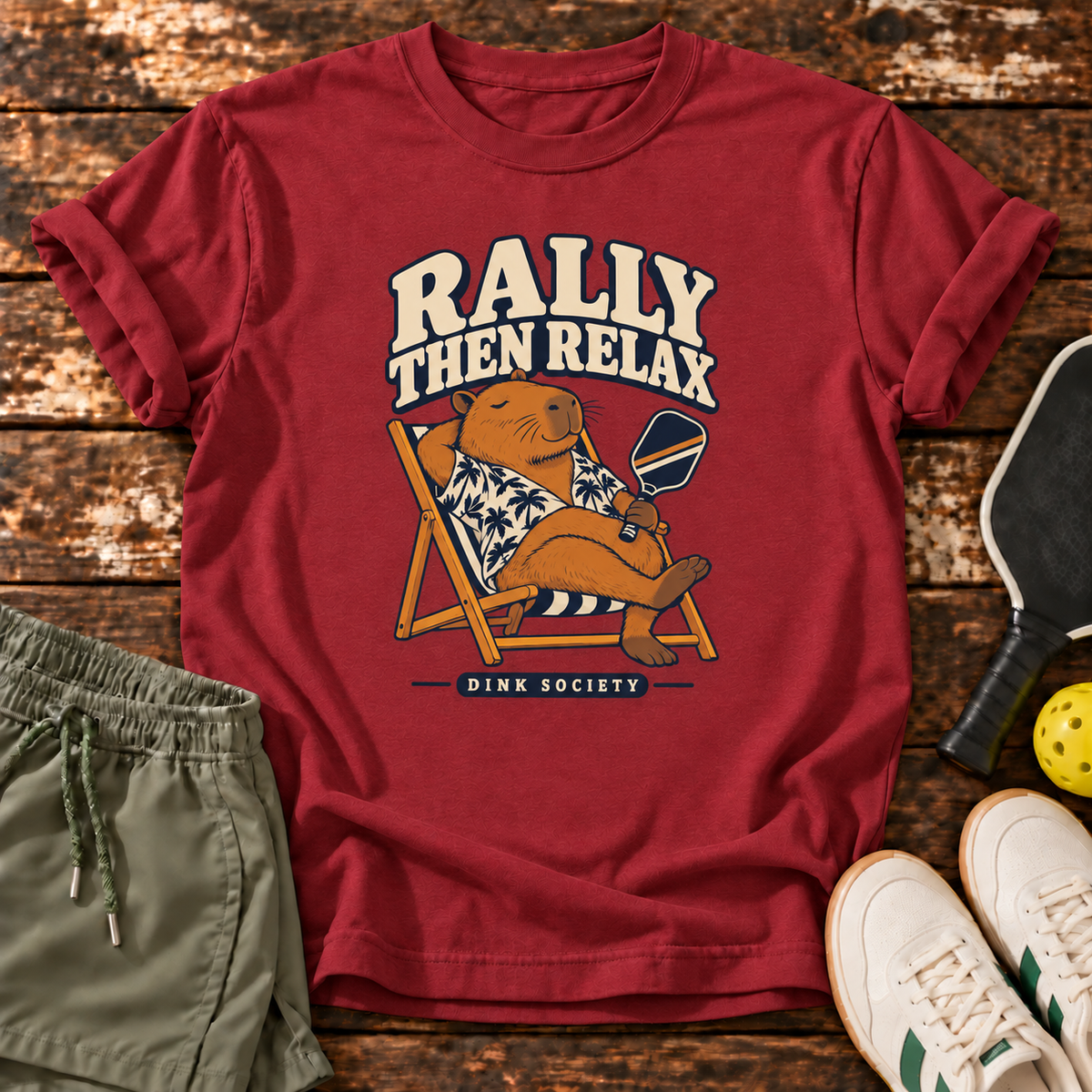 Rally Then Relax T-Shirt — Crimson — wooden flatlay
