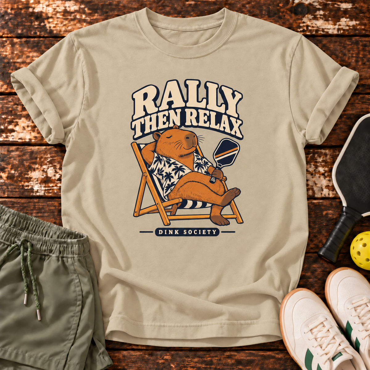 Rally Then Relax T-Shirt — Sand — wooden flatlay