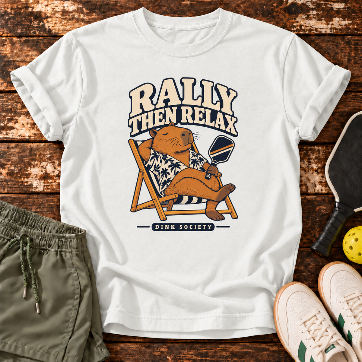 Rally Then Relax T-Shirt — White — wooden flatlay