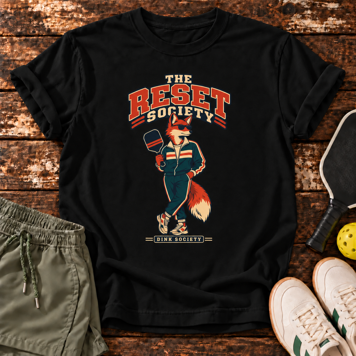 Reset Society T-Shirt — Black — wooden flatlay