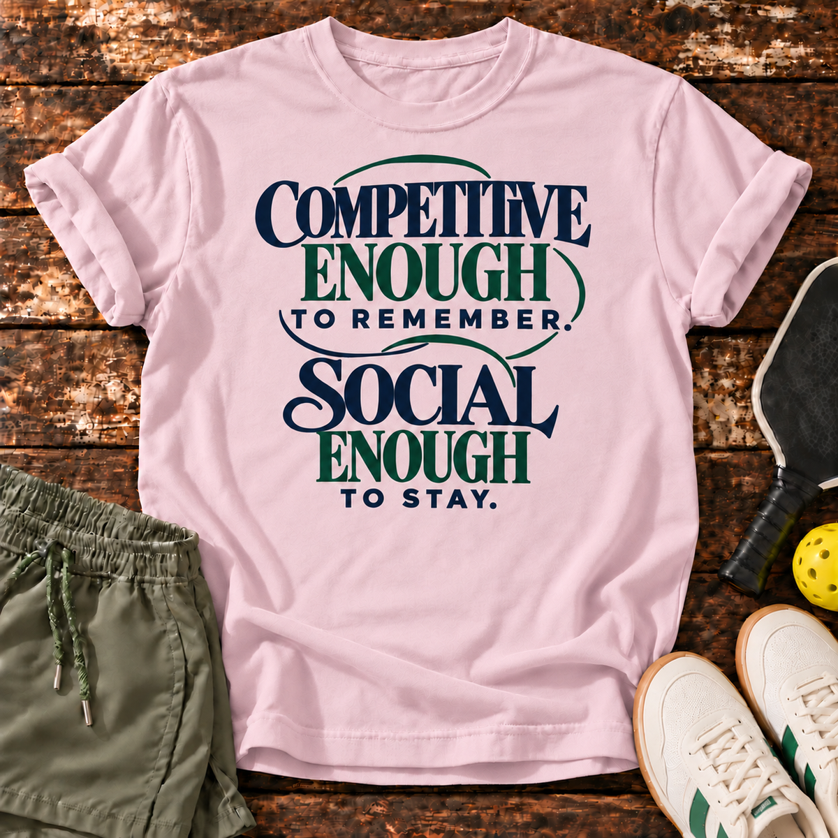 Split Decision T-Shirt — Light Pink — approved wood mockup