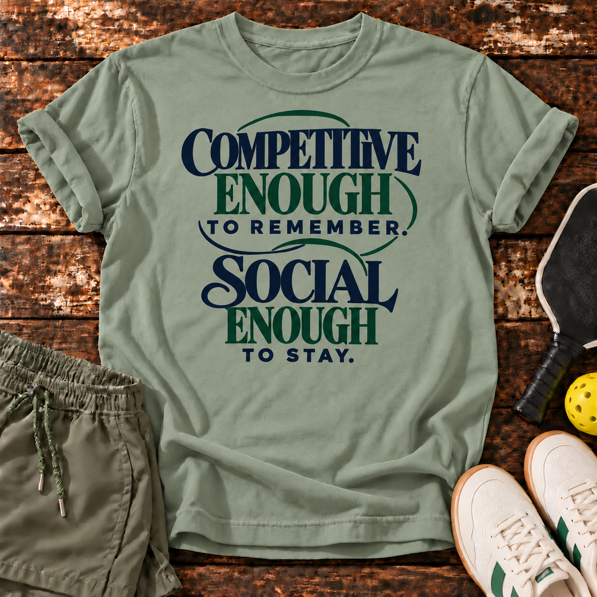Split Decision T-Shirt — Sage — approved wood mockup