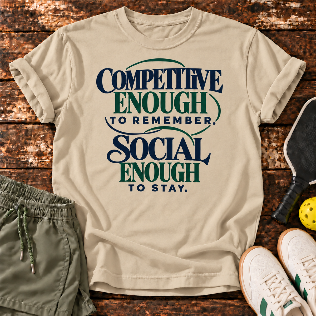 Split Decision T-Shirt — Sand — approved wood mockup