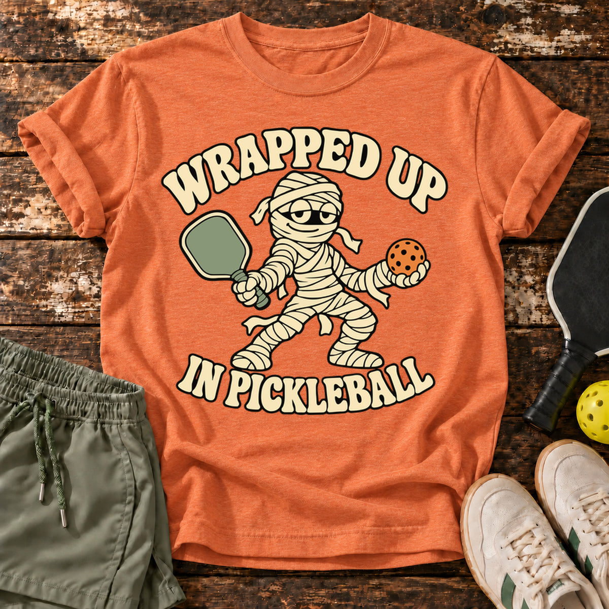Wrapped Up T-Shirt — Heather Orange — approved Dink Society mockup