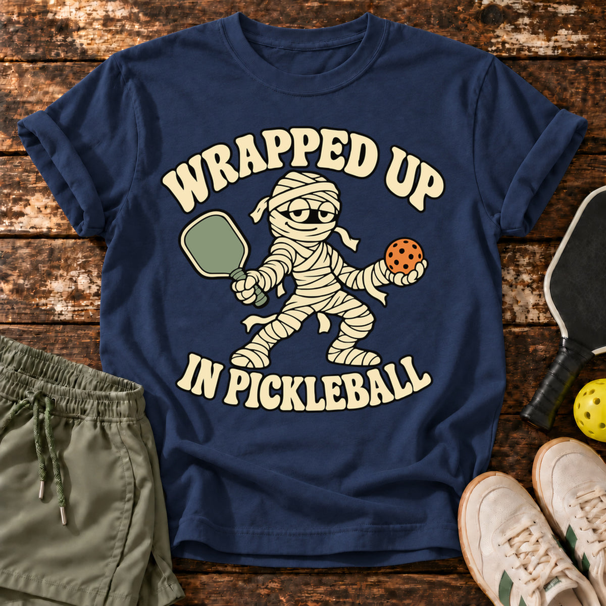 Wrapped Up T-Shirt — Navy — approved Dink Society mockup